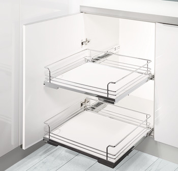 Base unit internal extension, installation behind hinged doors, roller bearing guided, pull-out wire shelf