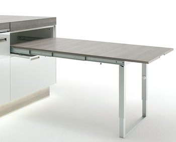 Pull-out table and folding fitting, with folding table leg