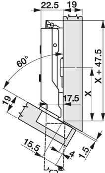 Overlay corner angle hinge, Tiomos -45º